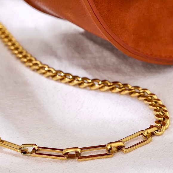18k Plated Gold Mixed Wide Curb Paperclip Rectangle Chain Necklace - Picture 10 of 10